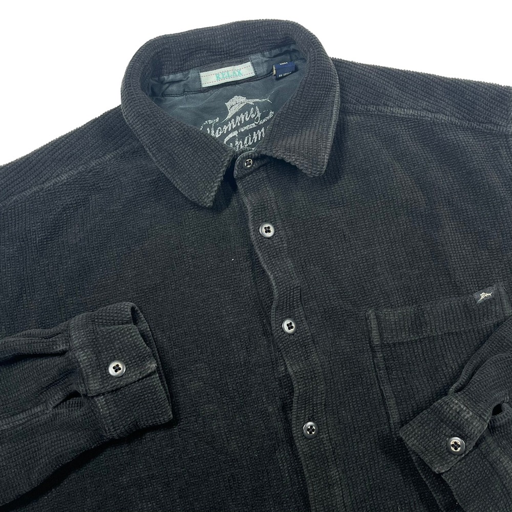 Tommy Bahama Relax Shirt Mens L Black Corduroy Waffle Knit Cotton Button Down